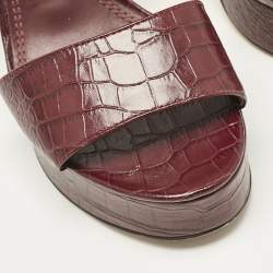 Tory Burch Burgundy Croc Embossed Leather Martine Platform Sandals Size 41