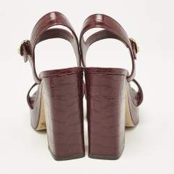 Tory Burch Burgundy Croc Embossed Leather Martine Platform Sandals Size 41