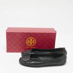 Pre Owned Tory Burch Black Leather Minnie Travel Ballet Flats Size 40.5