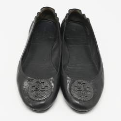Pre Owned Tory Burch Black Leather Minnie Travel Ballet Flats Size 40.5
