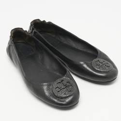 Pre Owned Tory Burch Black Leather Minnie Travel Ballet Flats Size 40.5
