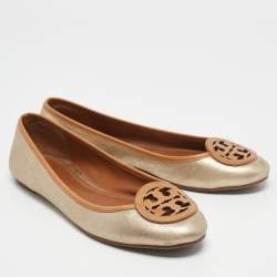 Pre Owned Tory Burch Gold/Brown Leather Ballet Flats Size 37.5