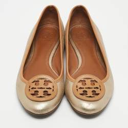 Pre Owned Tory Burch Gold/Brown Leather Ballet Flats Size 37.5