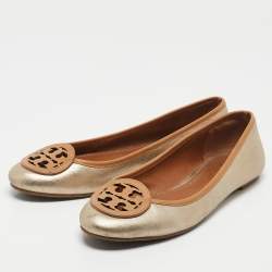 Pre Owned Tory Burch Gold/Brown Leather Ballet Flats Size 37.5
