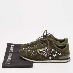 Tory Burch Green Suede Scarlett Crystal Embellished Sneakers Size 38.5