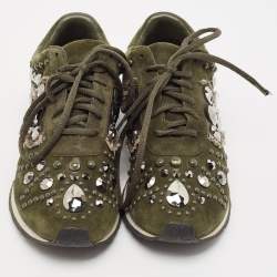 Tory Burch Green Suede Scarlett Crystal Embellished Sneakers Size 38.5