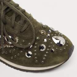 Tory Burch Green Suede Scarlett Crystal Embellished Sneakers Size 38.5