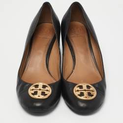 Pre Owned Tory Burch Black Leather Sally Wedge Pumps Size 39