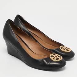 Pre Owned Tory Burch Black Leather Sally Wedge Pumps Size 39