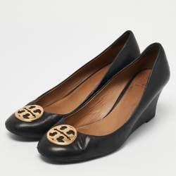 Pre Owned Tory Burch Black Leather Sally Wedge Pumps Size 39