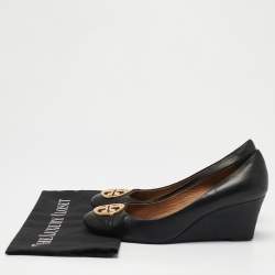 Pre Owned Tory Burch Black Leather Sally Wedge Pumps Size 39