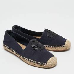 Tory Burch Navy Blue Canvas And Leather Espadrilles Flats Size 37.5