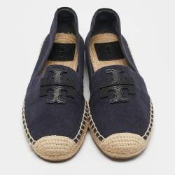 Tory Burch Navy Blue Canvas And Leather Espadrilles Flats Size 37.5