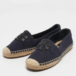 Tory Burch Navy Blue Canvas And Leather Espadrilles Flats Size 37.5