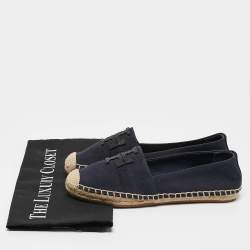 Tory Burch Navy Blue Canvas And Leather Espadrilles Flats Size 37.5