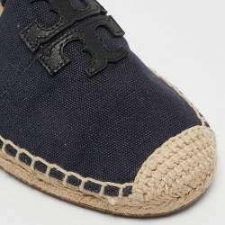 Tory Burch Navy Blue Canvas And Leather Espadrilles Flats Size 37.5