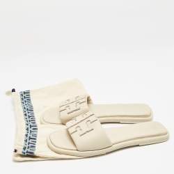 Pre Owned Tory Burch Cream Leather Double T Slide Flat Sandals Size 38