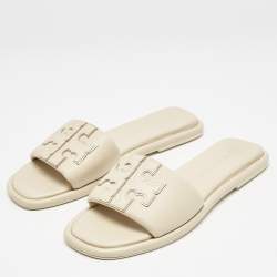 Pre Owned Tory Burch Cream Leather Double T Slide Flat Sandals Size 38