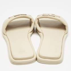 Pre Owned Tory Burch Cream Leather Double T Slide Flat Sandals Size 38