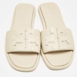 Pre Owned Tory Burch Cream Leather Double T Slide Flat Sandals Size 38