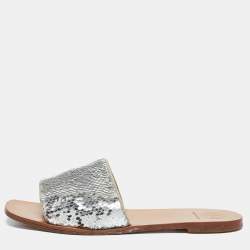 Tory Burch Silver Sequins Carter Flat Slides Size 38.5