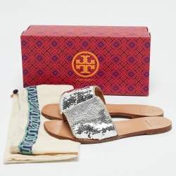 Tory Burch Silver Sequins Carter Flat Slides Size 38.5