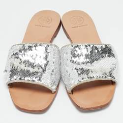 Tory Burch Silver Sequins Carter Flat Slides Size 38.5