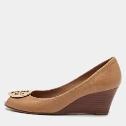 Tory Burch Brown Leather Selma Wedge Pumps Size 39.5 