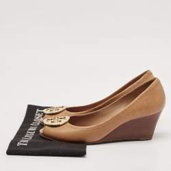 Tory Burch Brown Leather Selma Wedge Pumps Size 39.5 