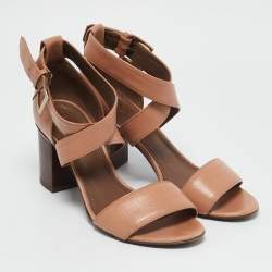 Pre Owned Tory Burch Peach Leather Buckle Cross Strap Sandals Size 37