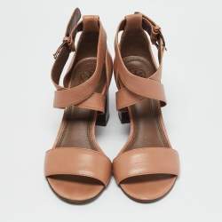Pre Owned Tory Burch Peach Leather Buckle Cross Strap Sandals Size 37