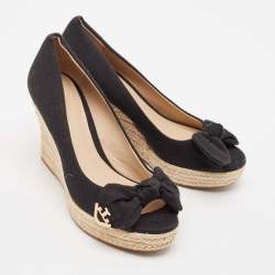 Tory Burch Black Canvas Bow Peep Toe Platform Wedge Espadrille Pumps Size 36
