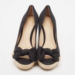 Tory Burch Black Canvas Bow Peep Toe Platform Wedge Espadrille Pumps Size 36
