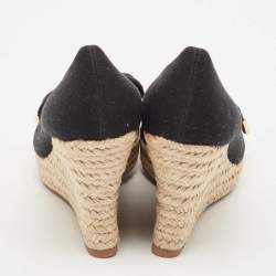 Tory Burch Black Canvas Bow Peep Toe Platform Wedge Espadrille Pumps Size 36