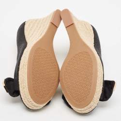 Tory Burch Black Canvas Bow Peep Toe Platform Wedge Espadrille Pumps Size 36
