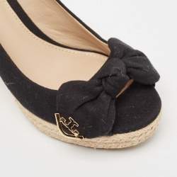 Tory Burch Black Canvas Bow Peep Toe Platform Wedge Espadrille Pumps Size 36