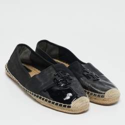 Tory Burch Black Canvas and Leather Ines Espadrille Flats Size 39