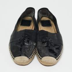 Tory Burch Black Canvas and Leather Ines Espadrille Flats Size 39