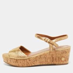 Tory Burch Metallic Gold Suede Ankle Strap Wedge Sandals Size 38