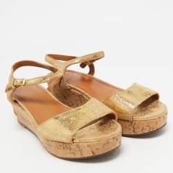 Tory Burch Metallic Gold Suede Ankle Strap Wedge Sandals Size 38