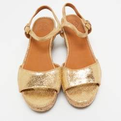 Tory Burch Metallic Gold Suede Ankle Strap Wedge Sandals Size 38