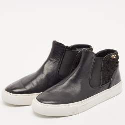 Tory Burch Black Fabric and Leather Rosette High Top Sneakers Size 36.5