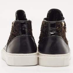 Tory Burch Black Fabric and Leather Rosette High Top Sneakers Size 36.5