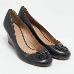 Tory Burch Black Leather Lowell Wedge Pumps Size 39.5