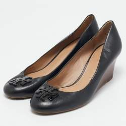 Tory Burch Black Leather Lowell Wedge Pumps Size 39.5