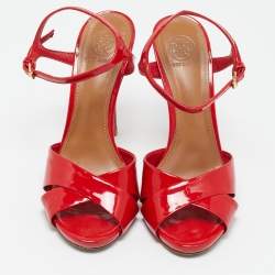 Tory Burch Red Patent Leather Cross Strap Ankle Strap Sandals Size 38