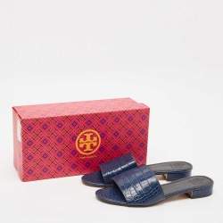 Tory Burch Navy Blue Croc Embossed Leather Martine Slide Sandals Size 39