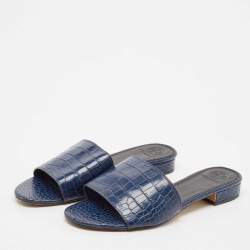 Tory Burch Navy Blue Croc Embossed Leather Martine Slide Sandals Size 39