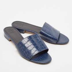 Tory Burch Navy Blue Croc Embossed Leather Martine Slide Sandals Size 39