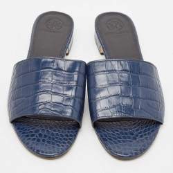 Tory Burch Navy Blue Croc Embossed Leather Martine Slide Sandals Size 39